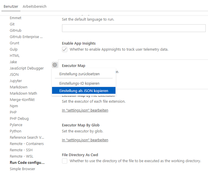 Ändern der Einstellung für CodeRunner in VSCode