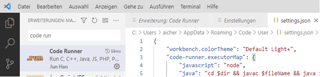 json File für VSCode Erweiterungseinstellungen