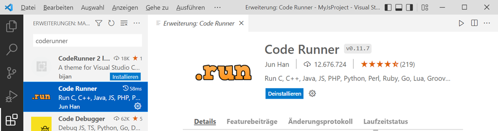 Code Runner Erweiterung in VSCode