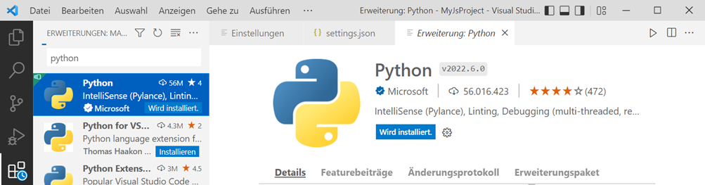 Python Erweiterung für VSCode